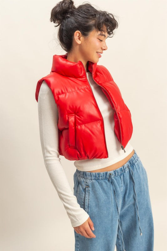 Red Faux Leather Puffer Vest