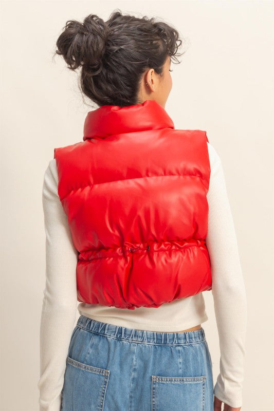 Red Faux Leather Puffer Vest