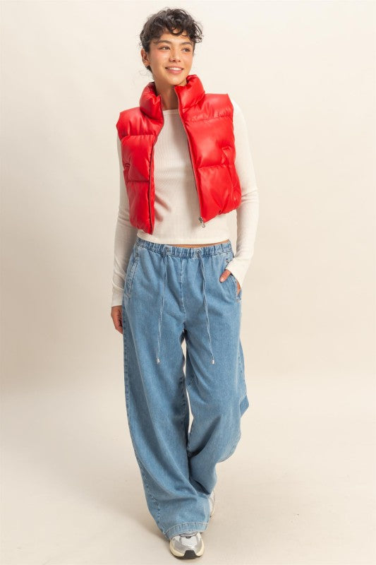 Red Faux Leather Puffer Vest