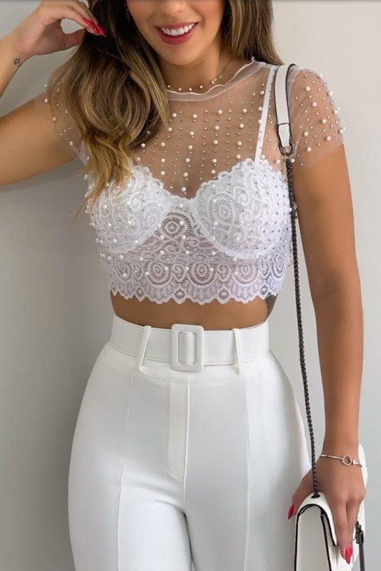 Pearl Rhinestone See Through Cropped Top