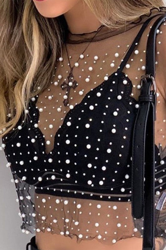 Pearl Rhinestone See Through Cropped Top-Black