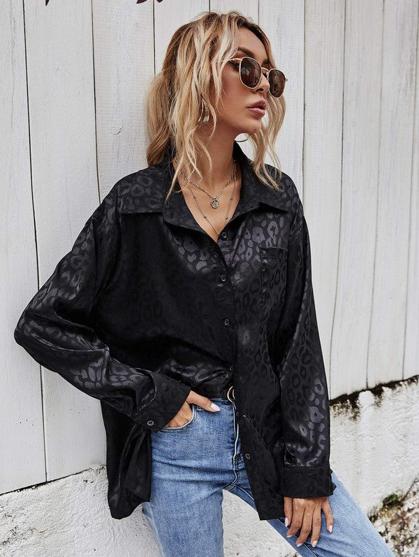 The Claire Satin Leopard Blouse - Black