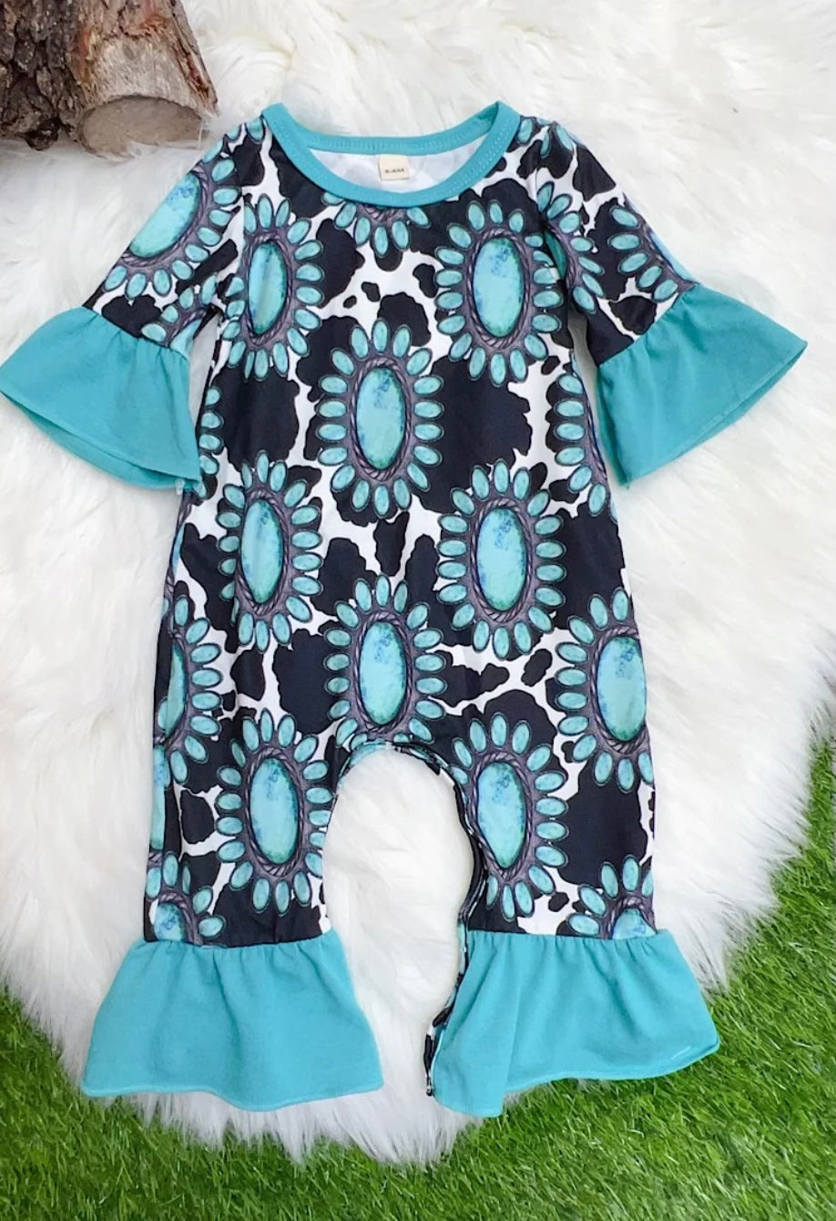 Ruffle Turquoise Cow Print Romper