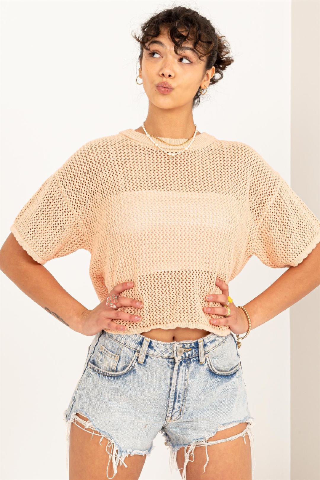 Tropical Peach Loose Mesh Sweater Top