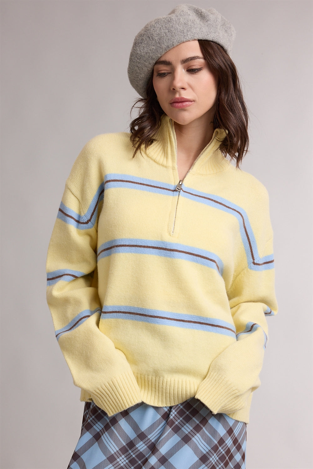 Lemon Striped Half Zip Sweater