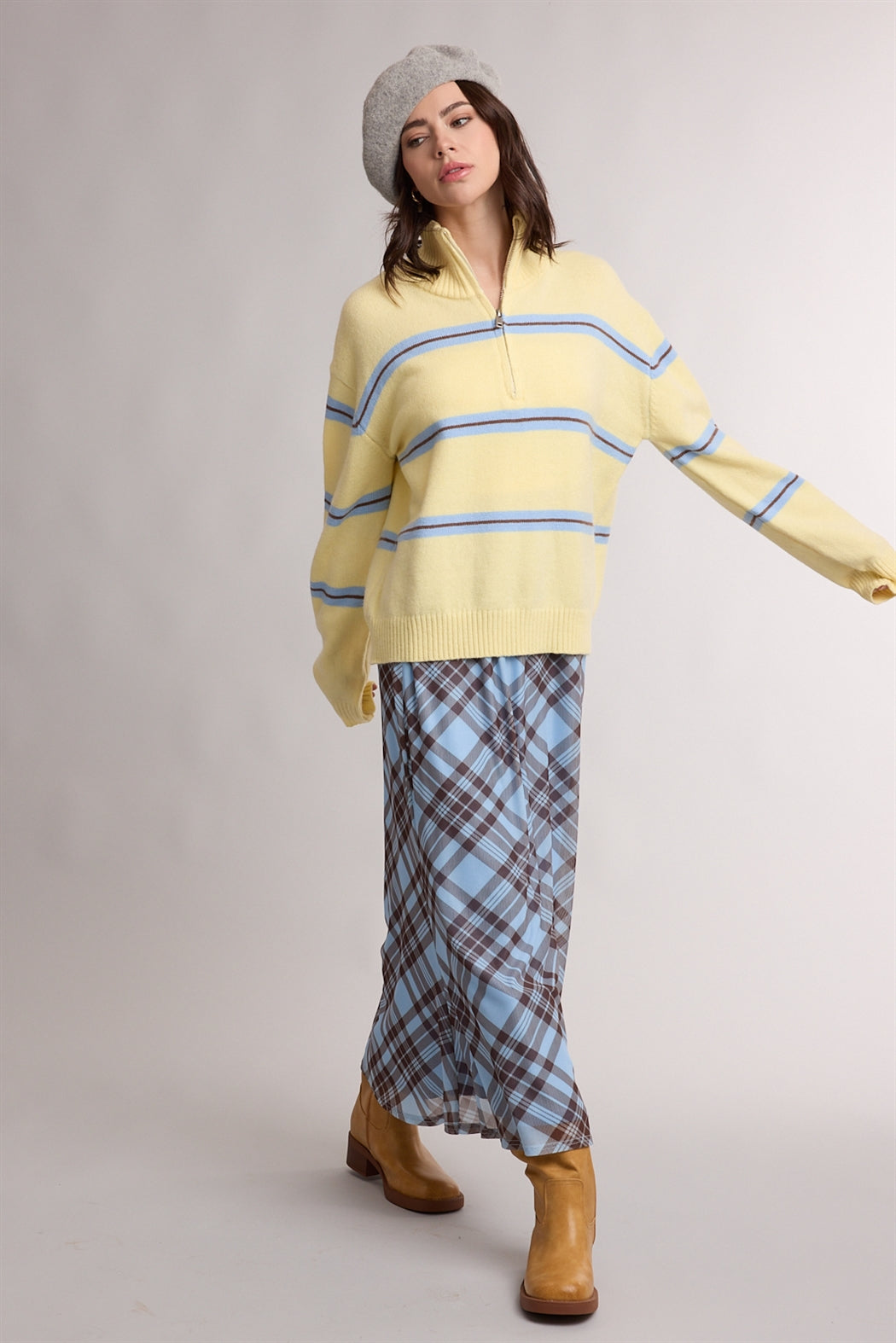 Lemon Striped Half Zip Sweater