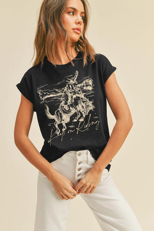 Black Cowboy Rodeo Roll Up Sleeve Tee