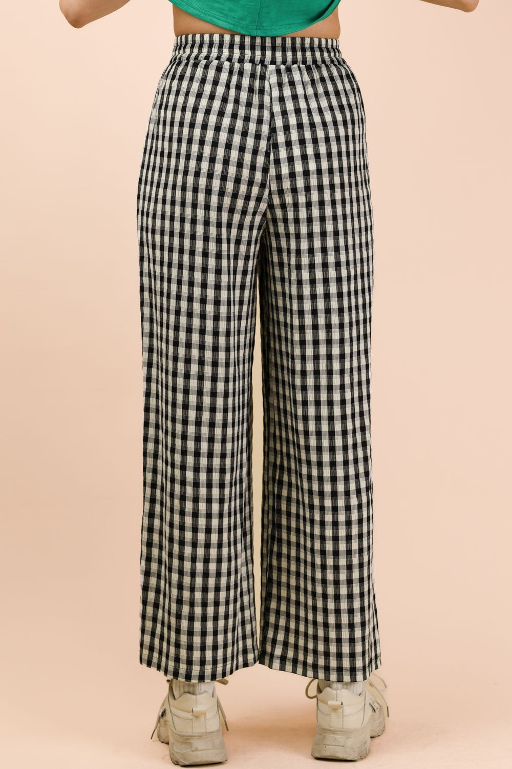 Black Checkered Elastic Waist Pants