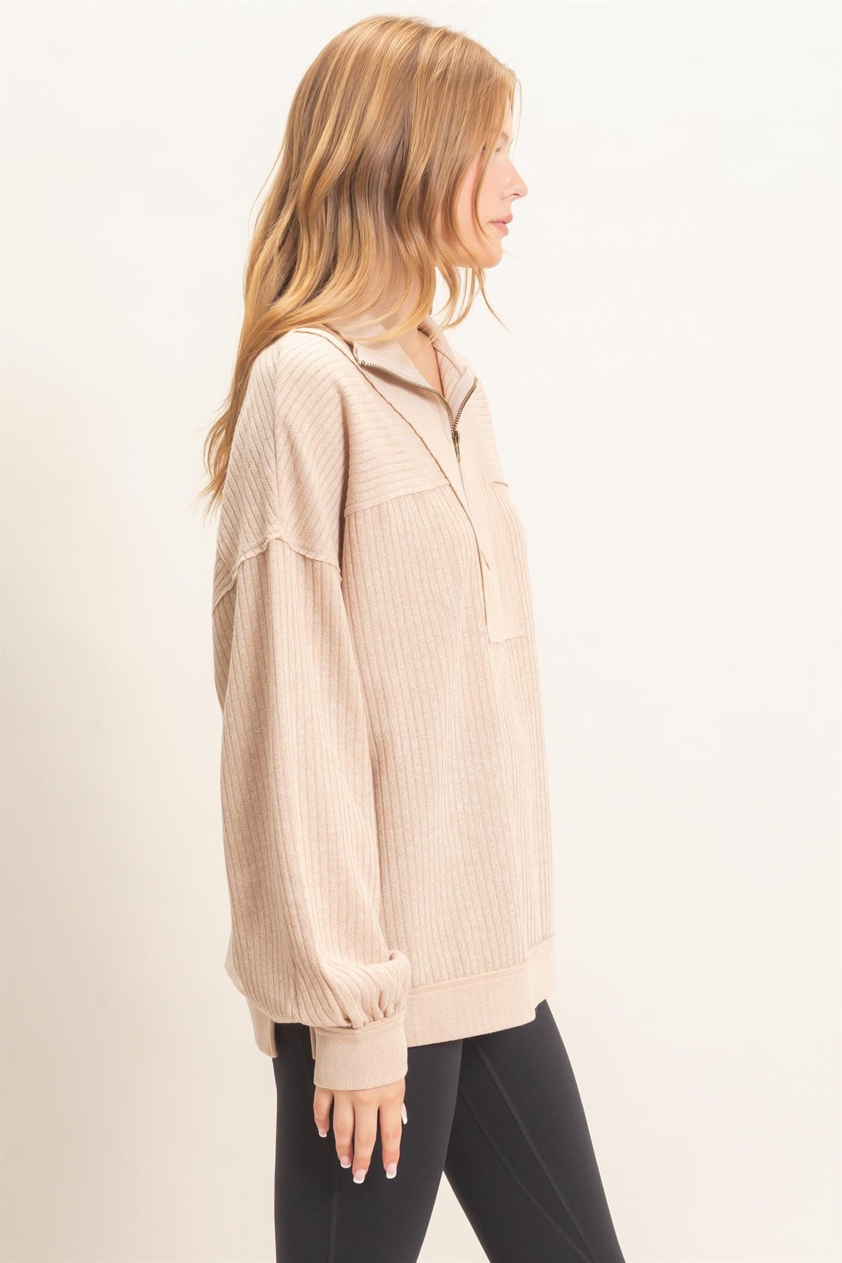 Beige Ribbed Knit Half-Zip Pullover