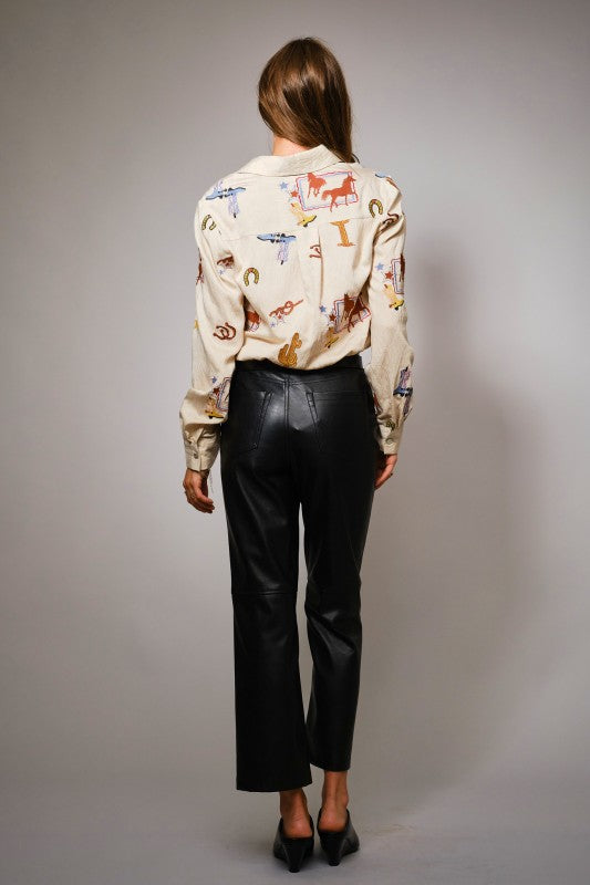 Relaxed Fit Western Embroidered Button Up Top