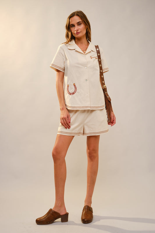 Rope Stitched Embroidered Top & Shorts Set