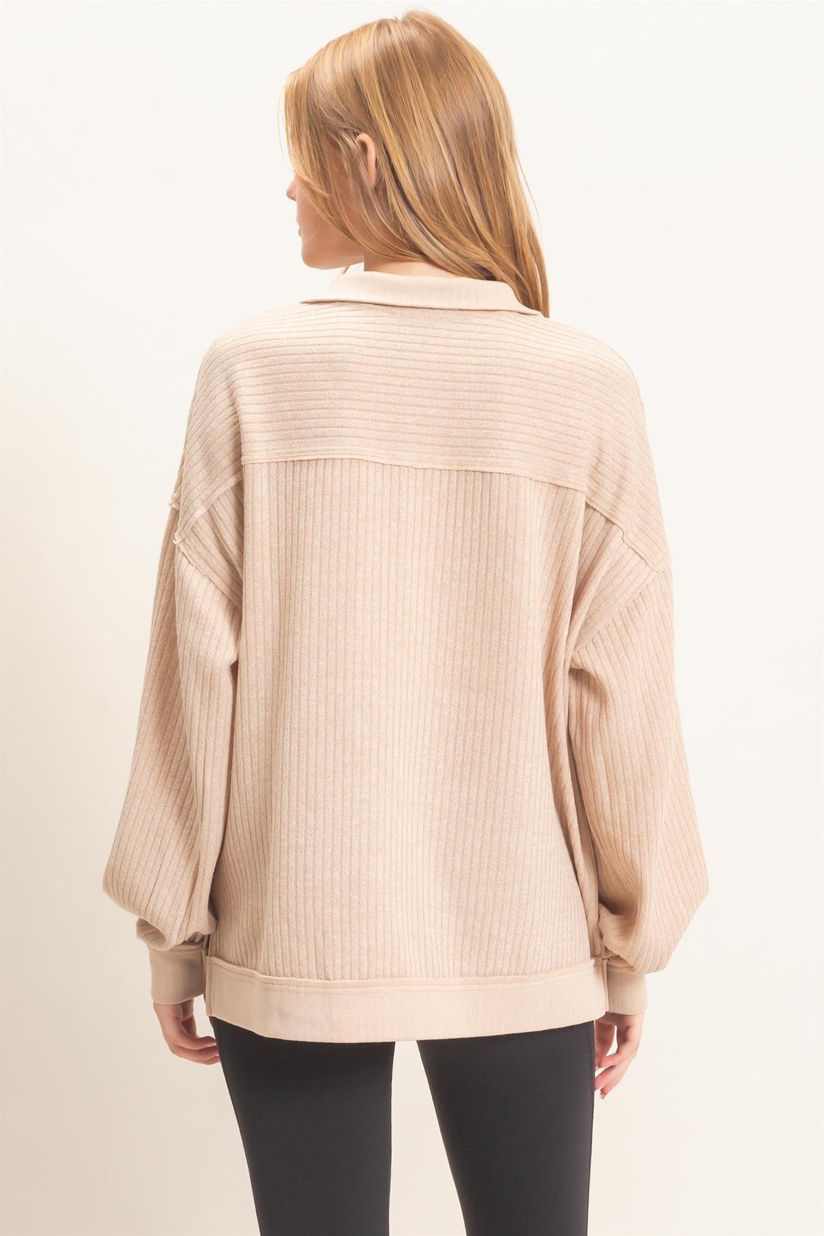 Beige Ribbed Knit Half-Zip Pullover