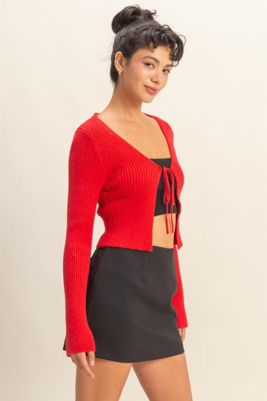 Red Tie Front V-Neck Cardigan