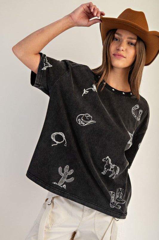 Ash Black Snow Washed Western Boxy Tee