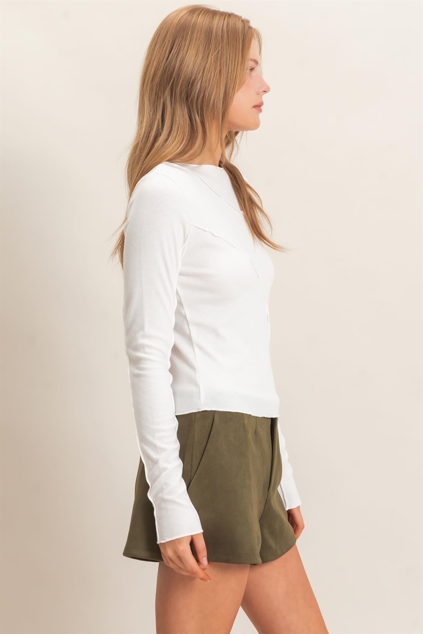 White Ruffled Ribbed Long Sleeve Top