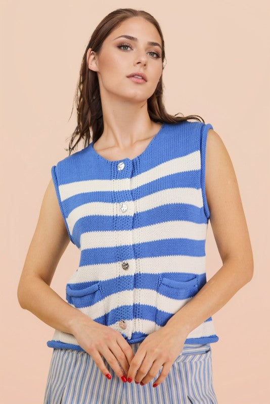 Blue Stripe Button Down Knit Sweater Top