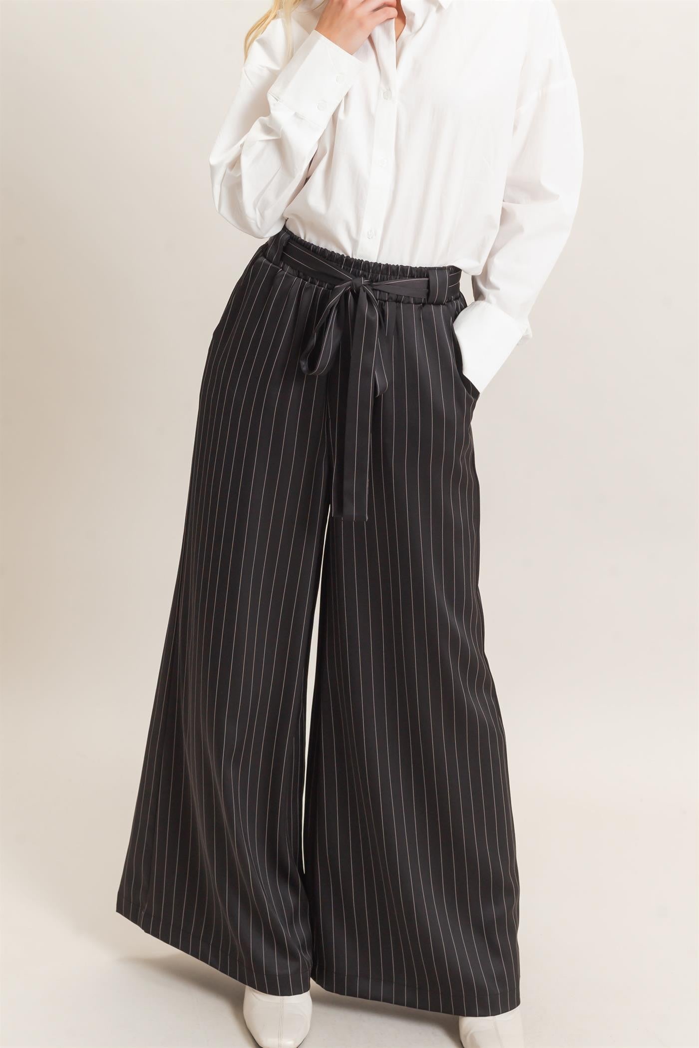 Black Pinstripe Button Up Top & Pant Set