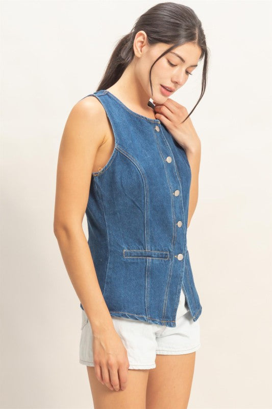 Button Front Denim Vest