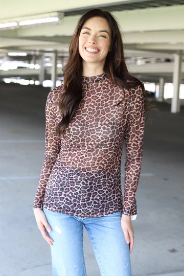 Cheetah Print Mesh Long Sleeve Top