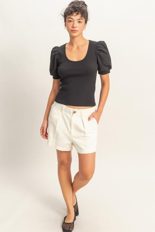 Ribbed Puff Sleeve Scoop Neck Top- Black