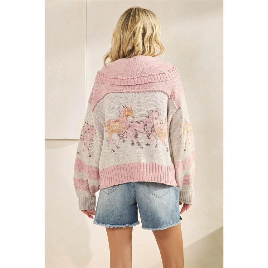 Pink Horse Print Button Up Sweater