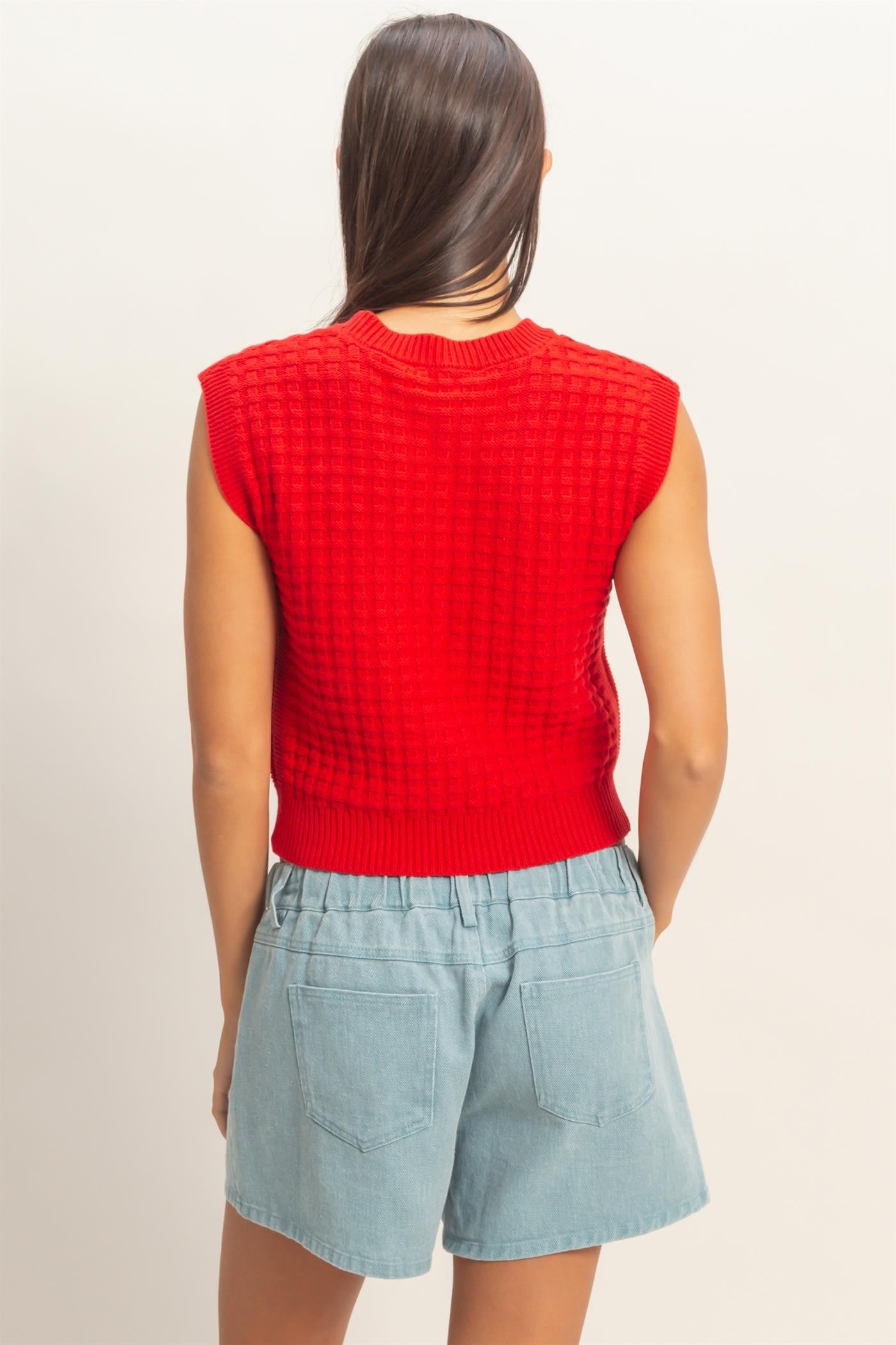 Red Textured Sleeveless Knit Top