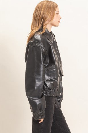 Faux Leather Collared Bomber Jacket