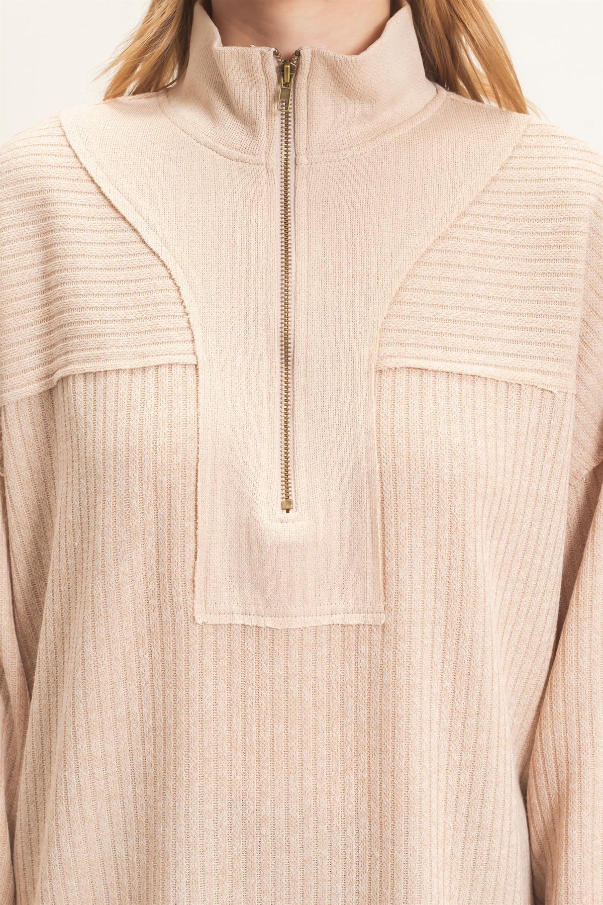 Beige Ribbed Knit Half-Zip Pullover