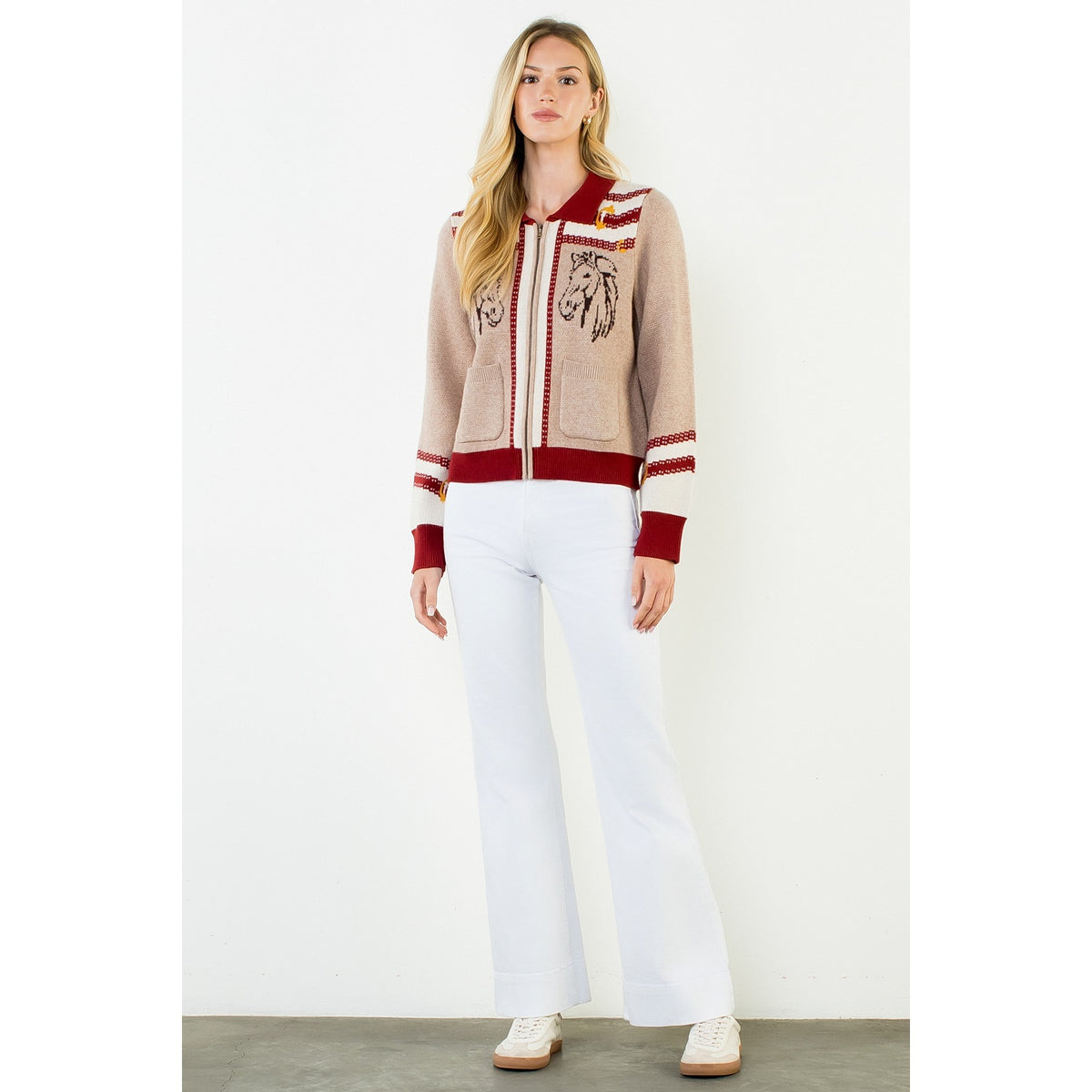 Beige & Burgundy Zipper Front Horse Cardigan
