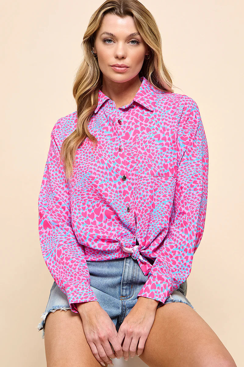 Pink & Blue Printed Button Down Top