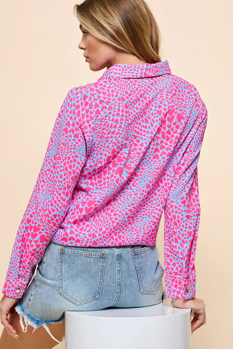 Pink & Blue Printed Button Down Top