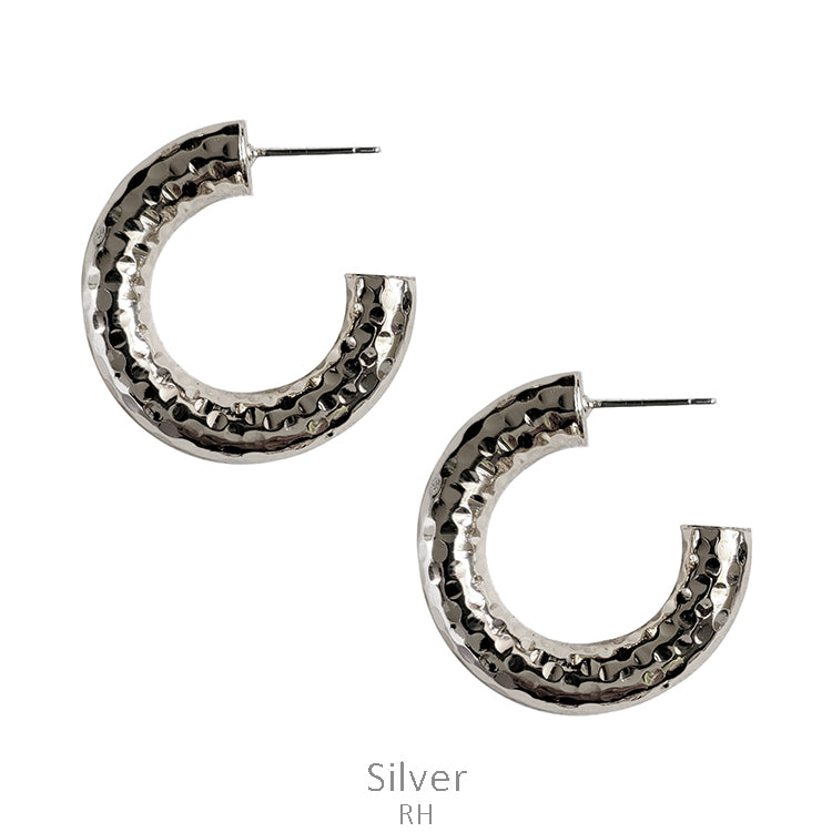 Silver Hammered Hoop Post Earring