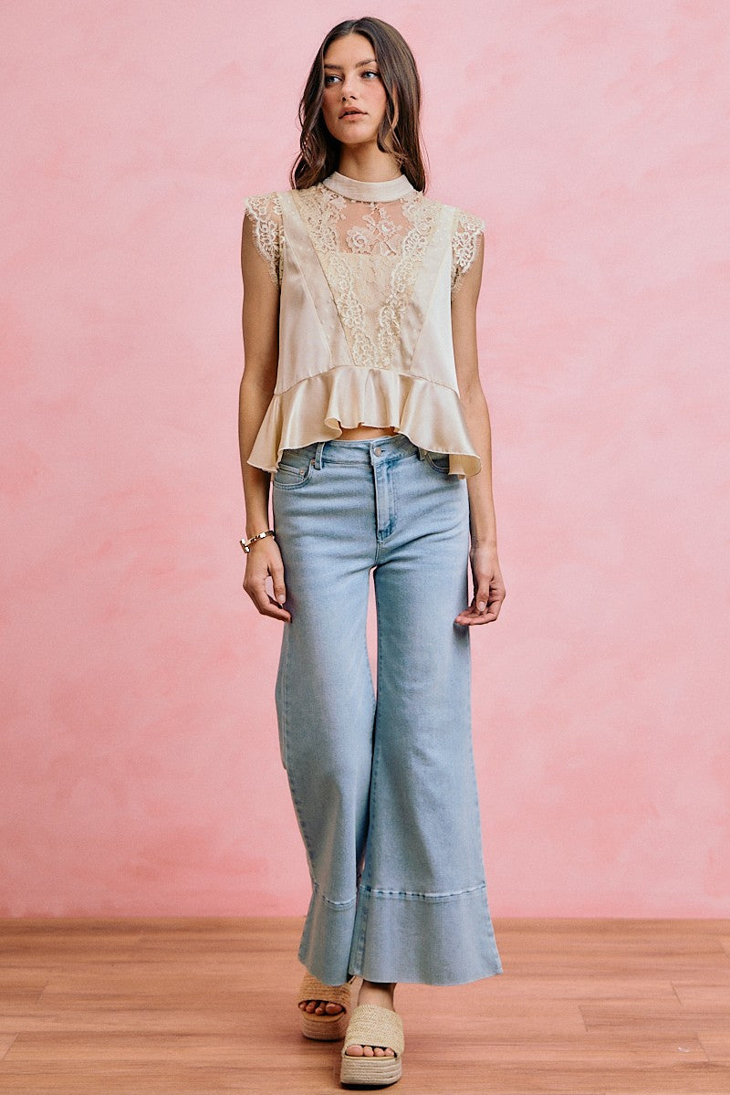 Satin Lace Trim Mock Neck Top