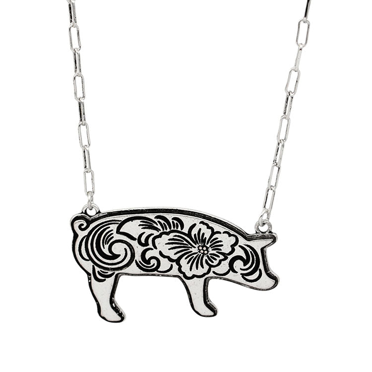 Floral Stamped Pig Necklace