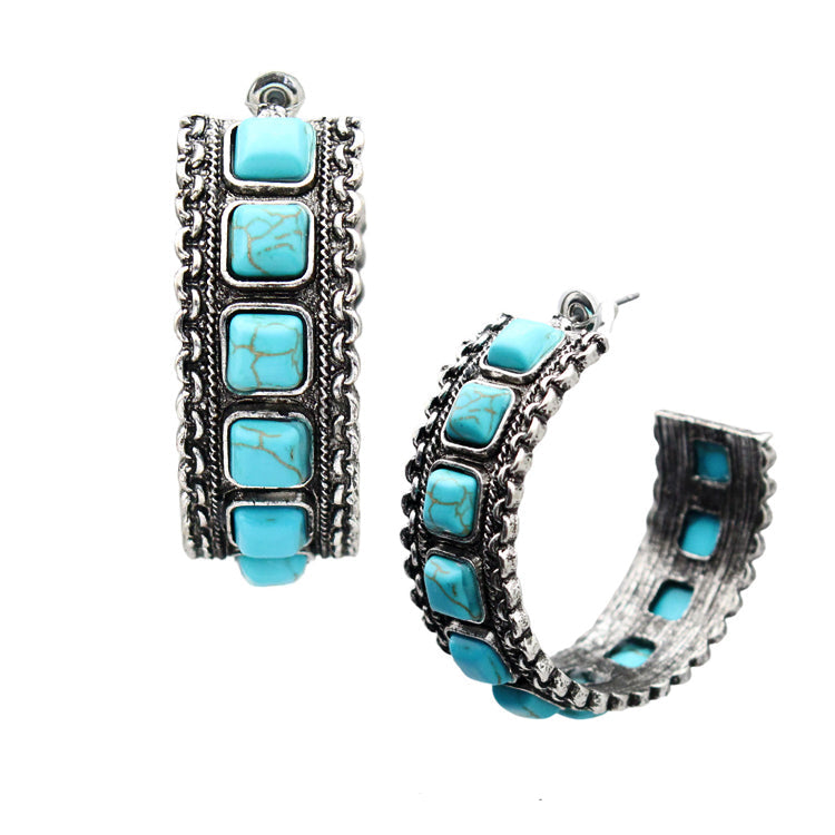 Square Turquoise Hoop Post Earrings