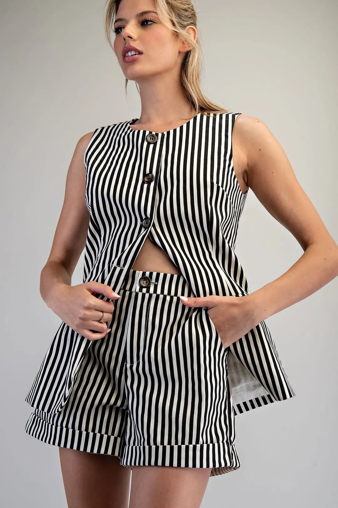 Black Striped Rolled Cuff Shorts