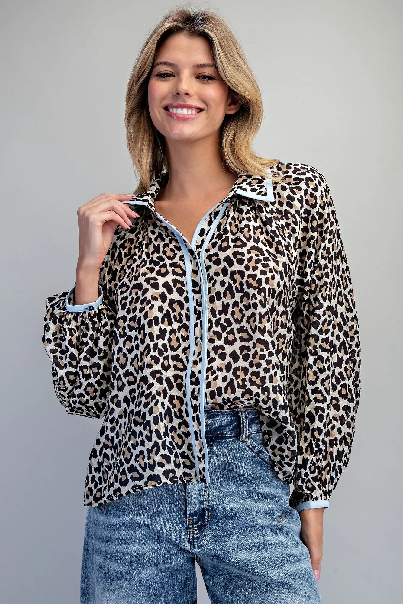 Leopard Contrast Button Down Blouse