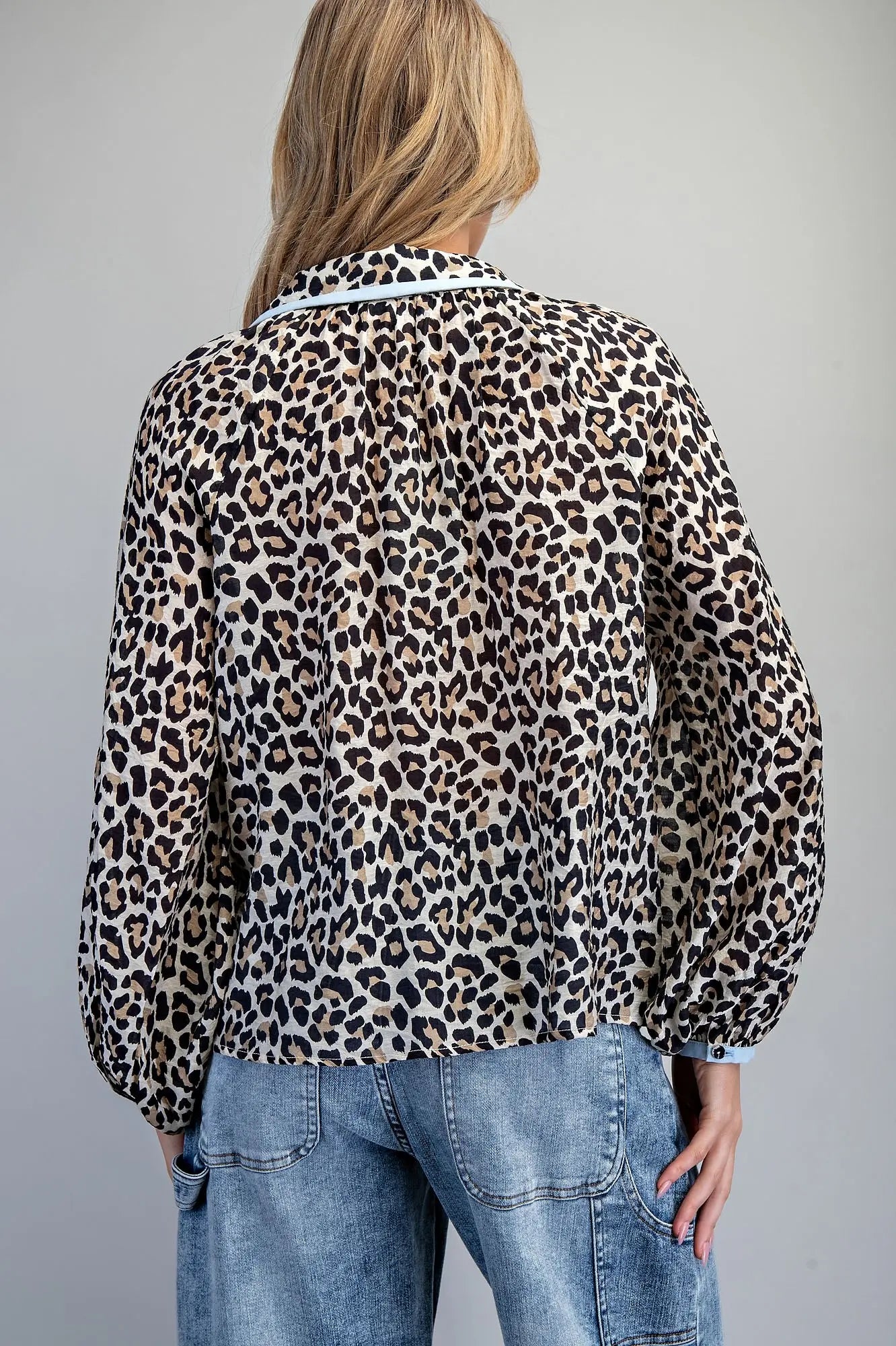 Leopard Contrast Button Down Blouse