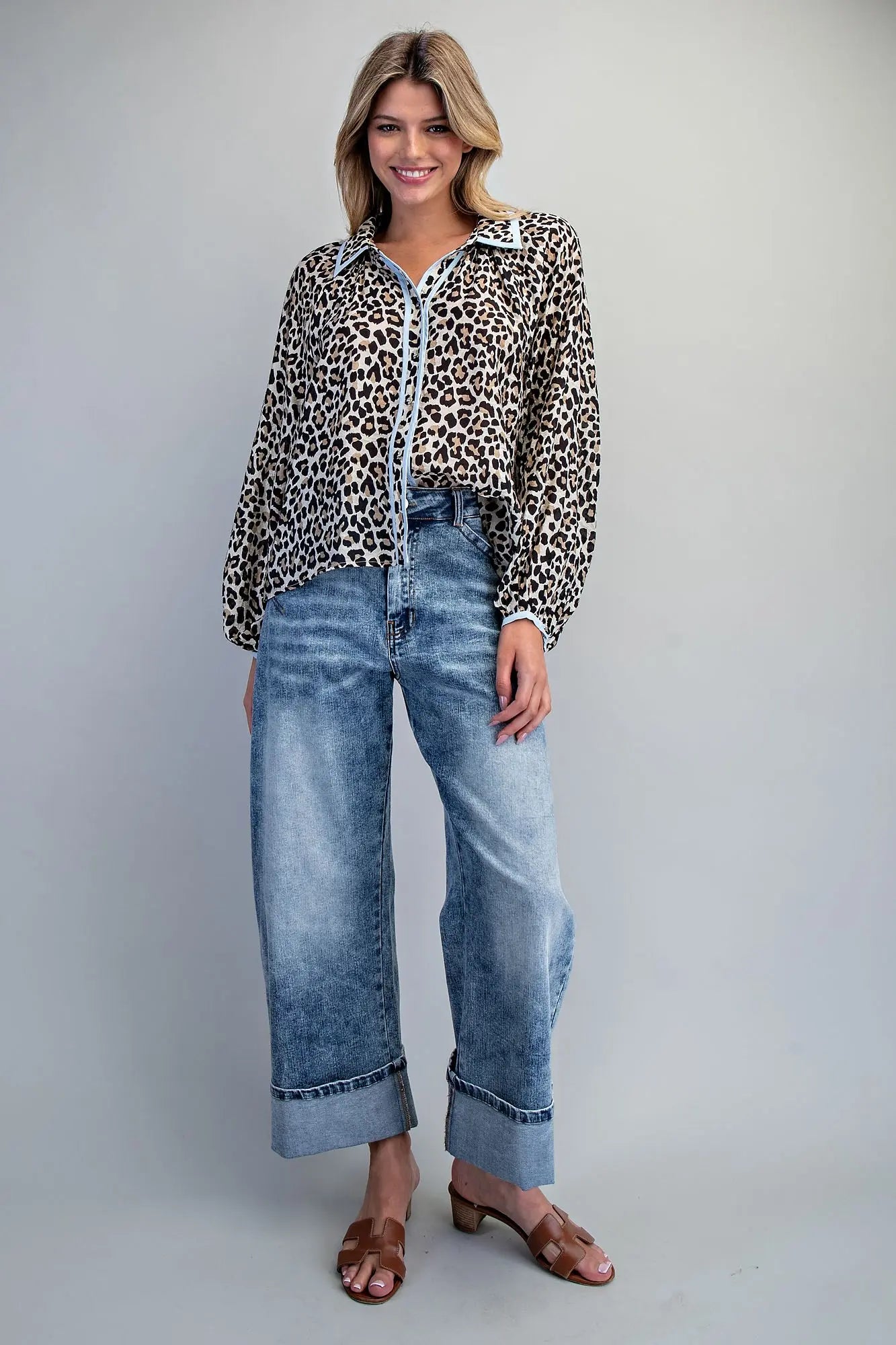 Leopard Contrast Button Down Blouse