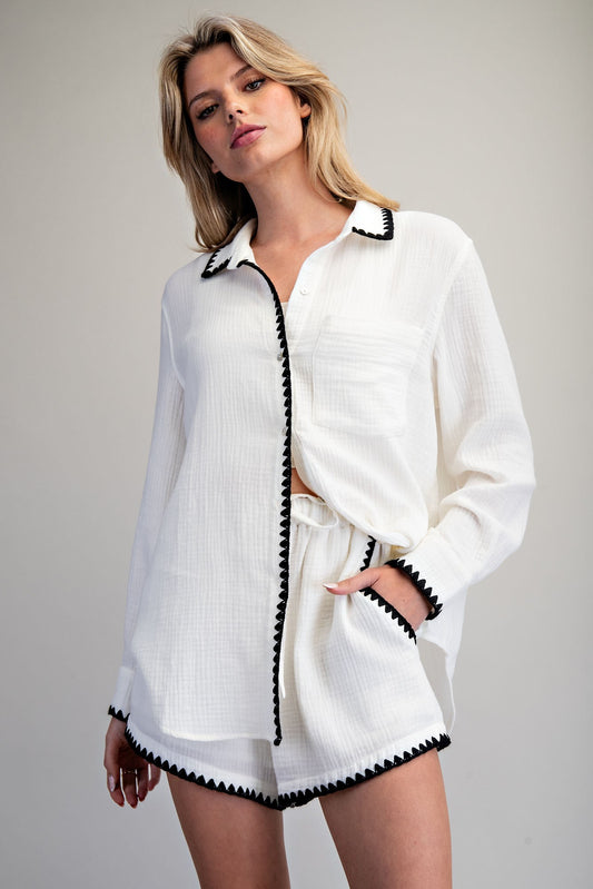 Scalloped Hem Cotton Gauze Top & Shorts Set