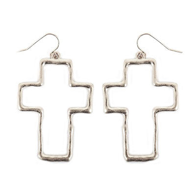 Silver Hammered Open Cross Earrings