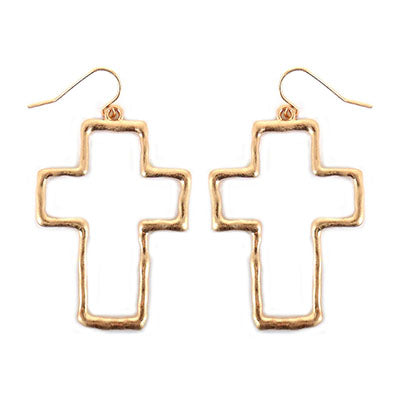 Gold Hammered Open Cross Earrings