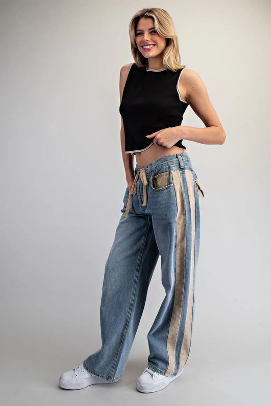 Contrasting Side Stripe Straight Leg Jeans