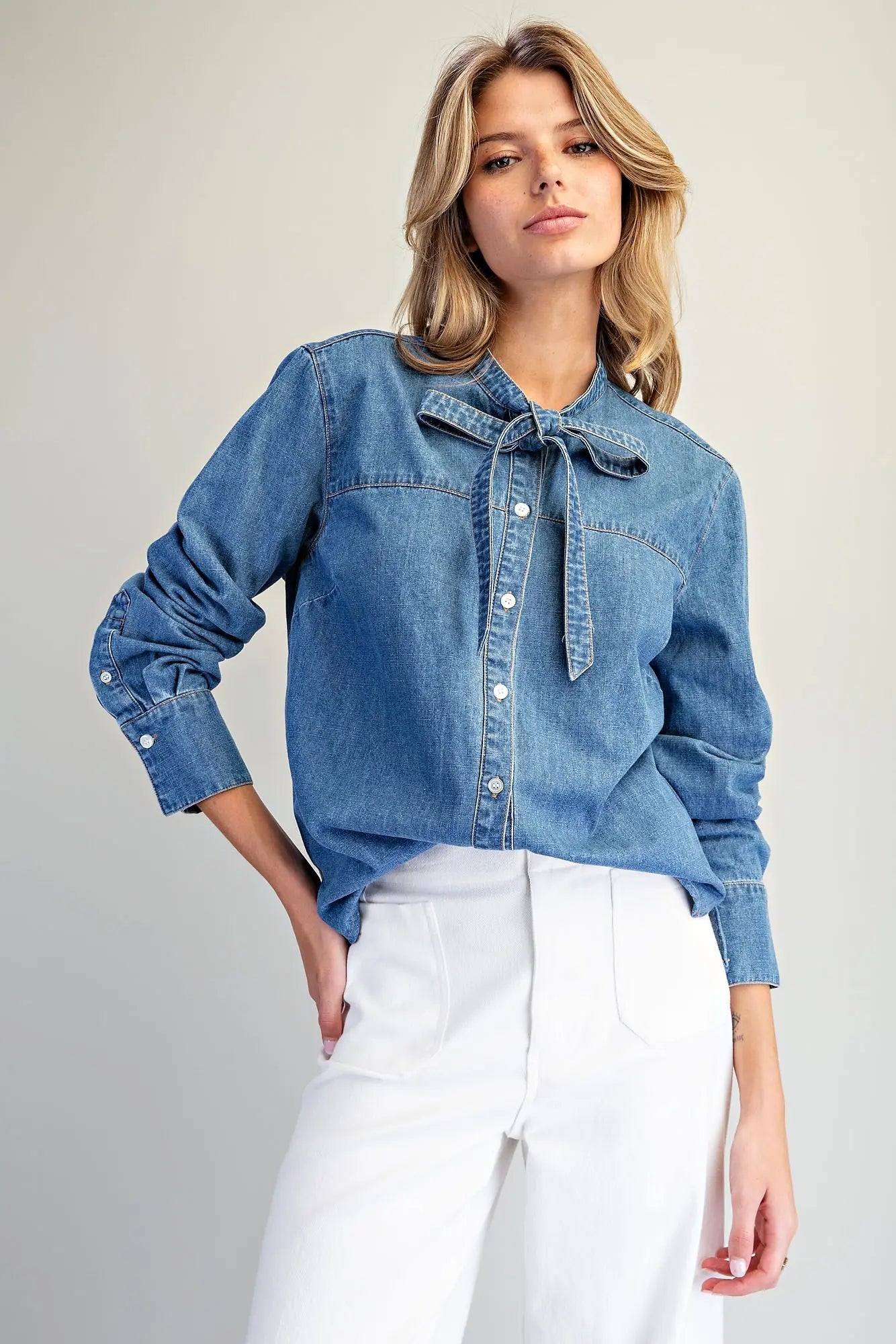 Button Down Tie Front Denim Top