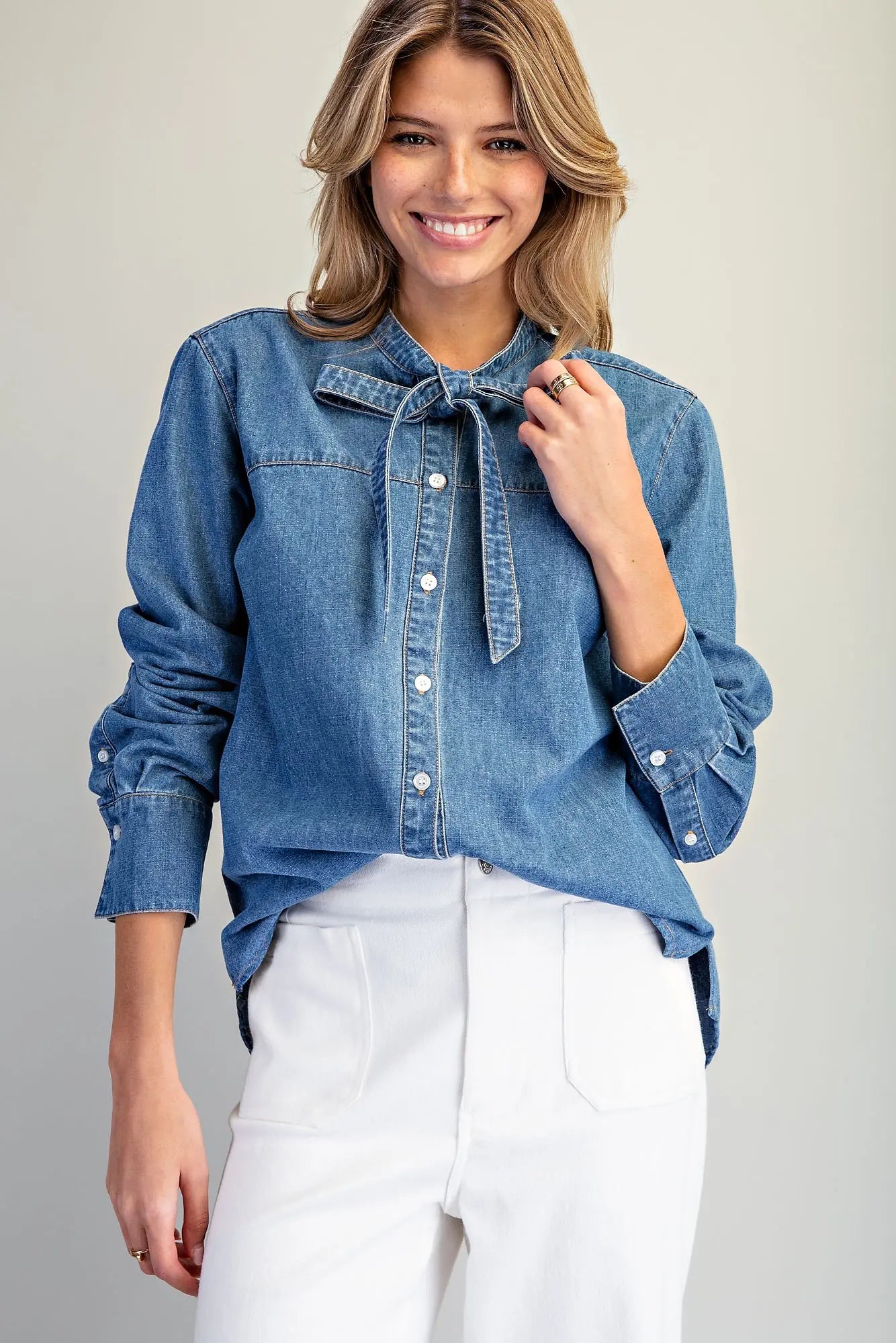 Button Down Tie Front Denim Top