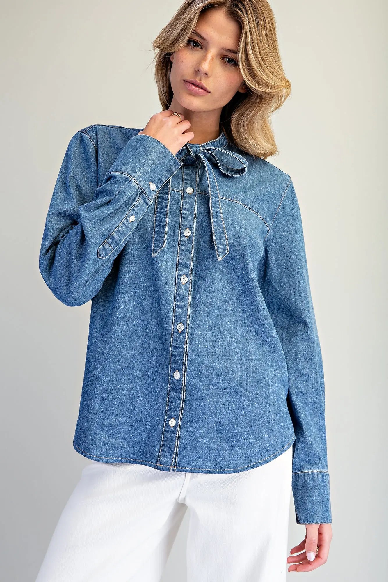 Button Down Tie Front Denim Top
