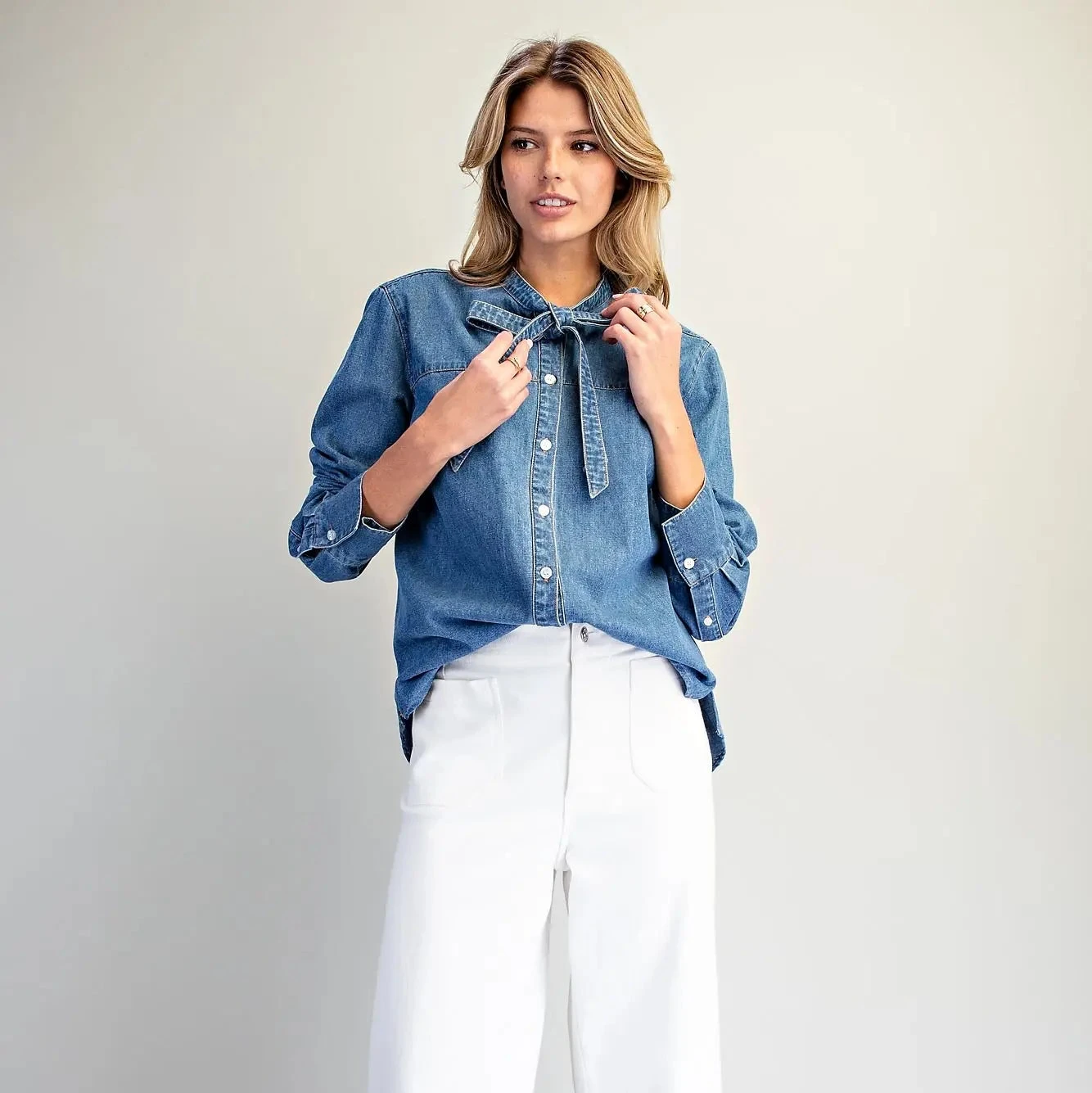 Button Down Tie Front Denim Top
