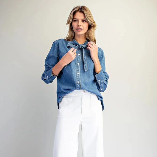 Button Down Tie Front Denim Top