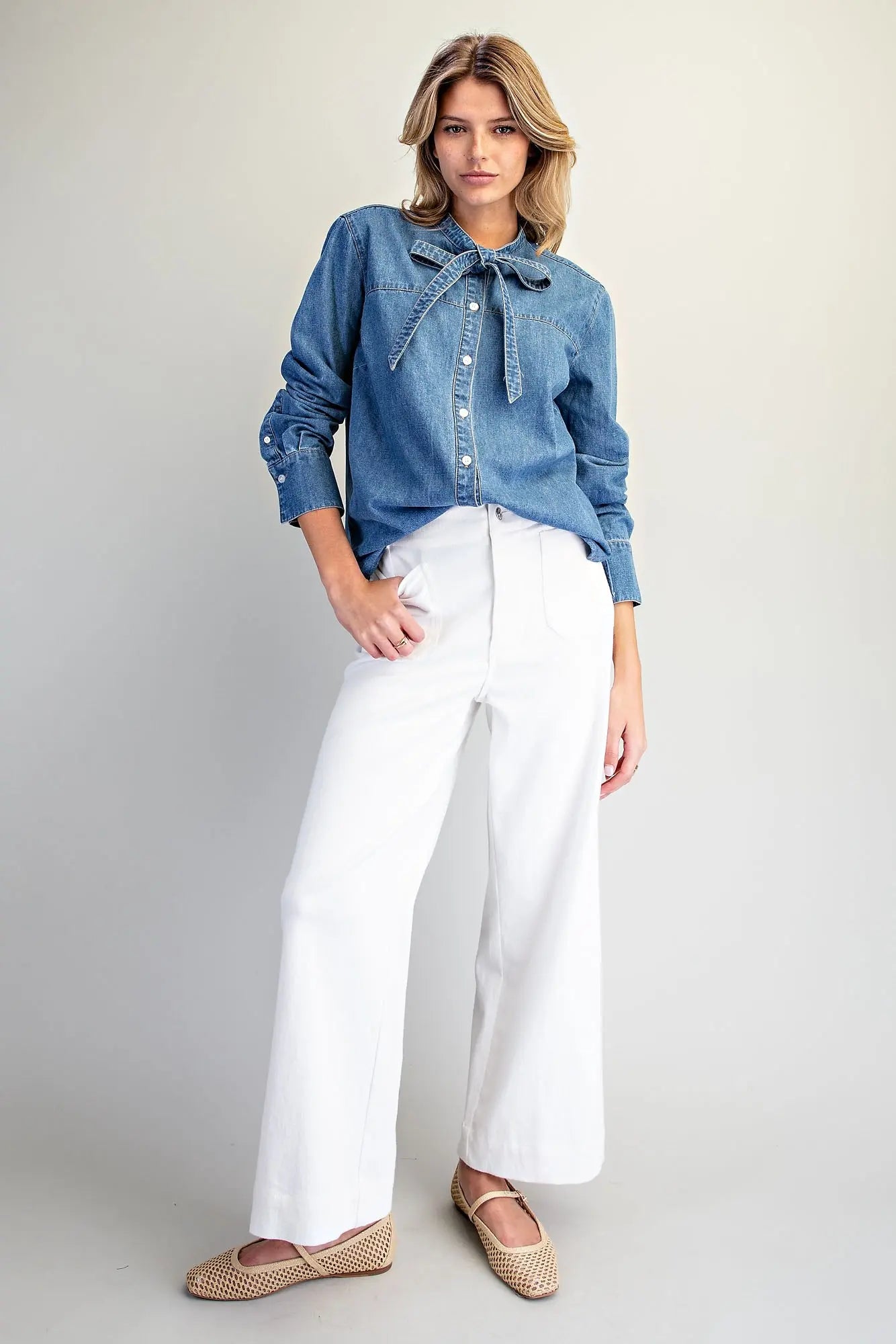 Button Down Tie Front Denim Top