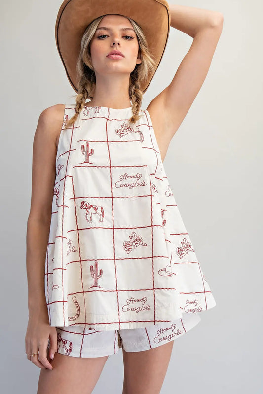 Western Grid Embroidered Swing Top